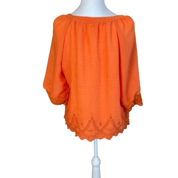 Fig & Flower Womens Boho Peasant Top Orange 3/4 Sleeve Lace Eyelet Lightweight - Picture 4 of 11
